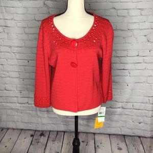 Ruby Rd Beaded Scarlet Red Double Snap 3/4 Sleeve Cardigan Sweater Large NWT